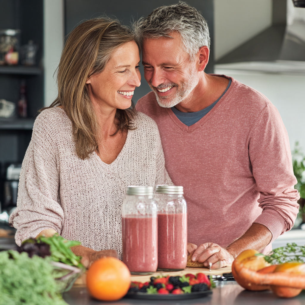 Active couple in their late 40s preparing nutritious smoothie together in bright modern kitchen, representing healthy eating habits