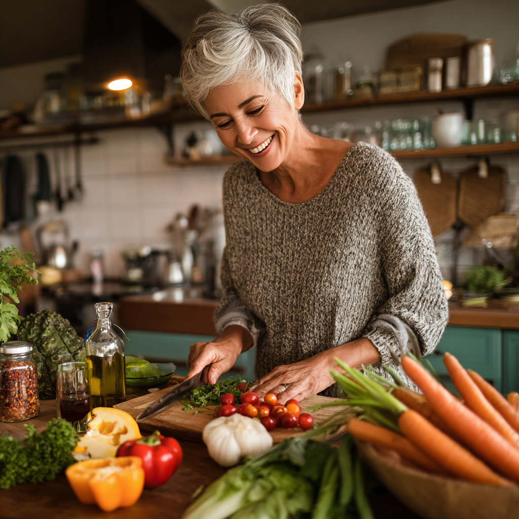 Mature woman aged 45-50 preparing fresh vegetables and healthy meal ingredients in modern kitchen, smiling while planning nutritious diet
