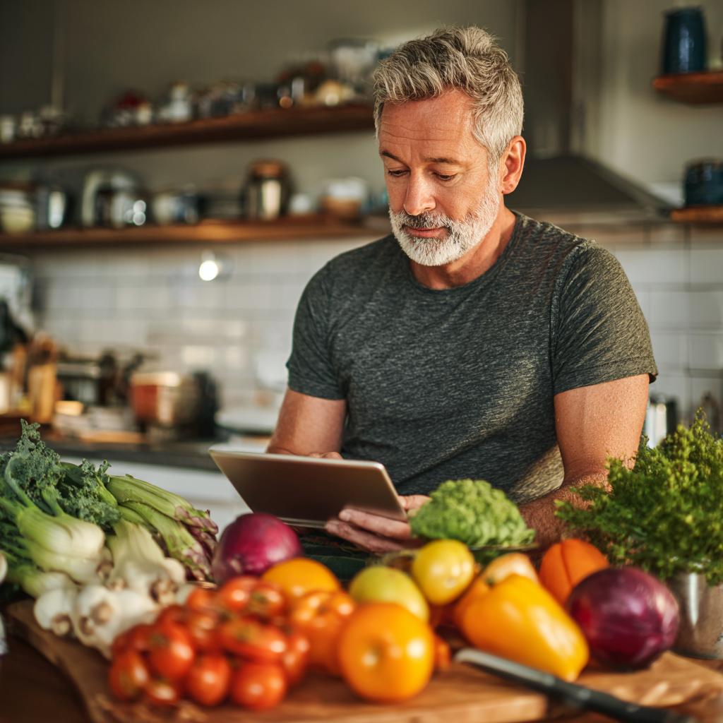 Middle-aged man around 50 years old reviewing personalized meal plan on tablet with fresh healthy foods on kitchen counter